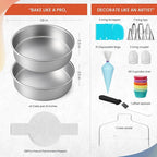 RFAQK 100PCs Aluminum Cake Pans Sets for Baking with 8-inch Aluminum Round Cake Pans Set of 2 - Cake Decorating Supplies Kit with 30 Parchment Papers, Piping Tips, Cake Leveler, and Spatula