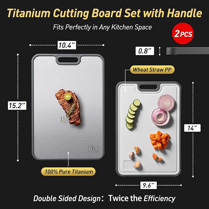 2 Packs Pure Titanium Cutting Boards for Kitchen Chopping Board with Handle Best 2 in 1 Non-toxic Meat Butcher Block Mesh Design Madera Kitchen Tablas Cocina Cortar Picar Regalos Mujer Mama Abuela