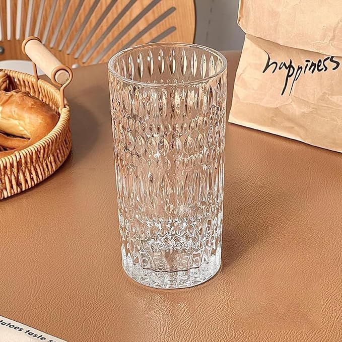 Highball Glasses [Set of 4] - 15oz Vintage Glass Cups Fits Dinner Party - Unique Texture, Dishwasher Safe