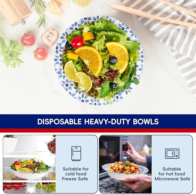 JOLLY CHEF 160 Count Paper Bowls 20 oz Soak Proof, Heavy Duty Printed Disposable Bowls Bulk for Dinner or Lunch