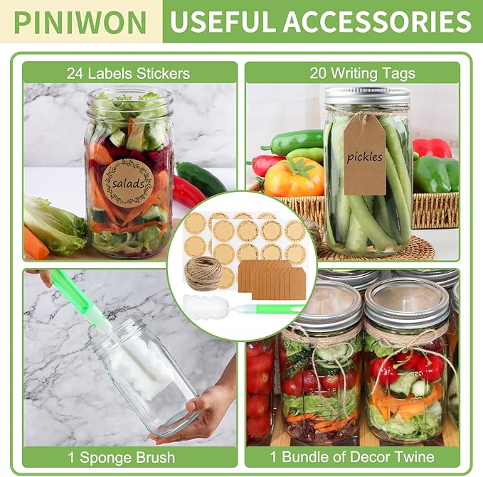 Wide Mouth Mason Jars 32 oz with Airtight Lids and Bands, 12 Pack Quart Canning Jars, Clear Glass Mason Jars for Canning, Pickling, Preserving, Meal Prep, DIY Projects