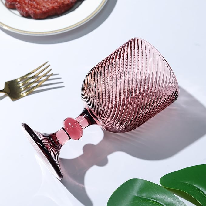 Joeyan Vintage Wine Glasses,Ribbed Embossed Water Goblet Drinking Glasses,Stemmed Colored Wine Glassware for Christmas Party Wedding Table Decor,12 oz,Set of 4, Dishwasher Safe