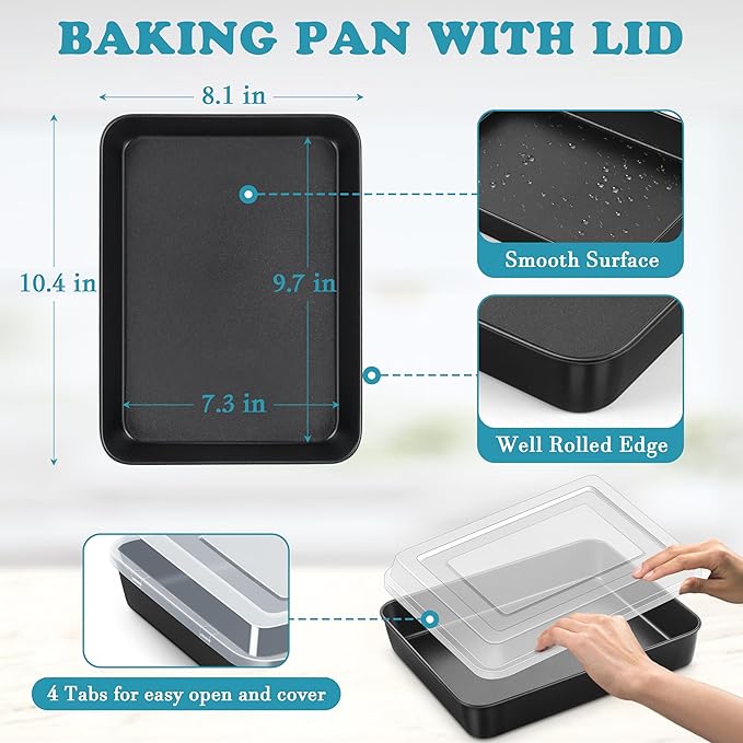 E-far Small Baking Pan with Lid, 10.4 x 8 Inch Nonstick Stainless Steel Rectangle Cake Pan with Cover for Baking Brownies Lasagna, Stainless Steel Core & Nonstick Coating, Non-toxic & Oven Safe