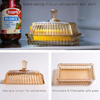 Glass Butter Dish with Lid for Countertop, Champagne Color Striped Crystal Covered Butter Holder Tray Container