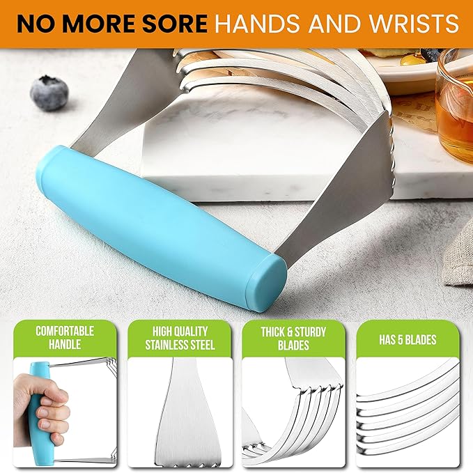 Spring Chef XL Dough Blender Tool For Baking, Heavy Duty Pastry Blender, Stainless Steel Pastry Cutter with Durable Blades, Dough Mixer, Butter Cutter for Easy Mixing, Dishwasher Safe - Aqua Sky