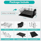 Black Stainless Steel Dish Drainers Drying Rack for Kitchen Counter with Drainboard Set, Rust Proof Metal, Space Saving, Modern Aesthetic, Compact Plates Strainers with Extra Mat
