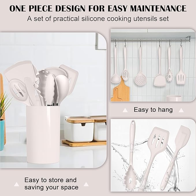 HaWare Kitchen Utensils, 14 PCS Silicone Cooking Utensils Set, Heat Resistant Kitchen Utensils for Non-stick Cookware, Kitchen Gadgets Tools with Spoons, Spatulas, Whisk, Dishwasher Safe (Khaki)