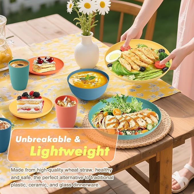 Homienly Dinnerware Set 32-Piece Wheat Straw Dinnerware Sets Unbreakable Reusable Dinnerware Set Kitchen Cups Plates and Bowls Sets, Microwave and Dishwasher Safe Dishes for Camping, Outdoor-Colorful