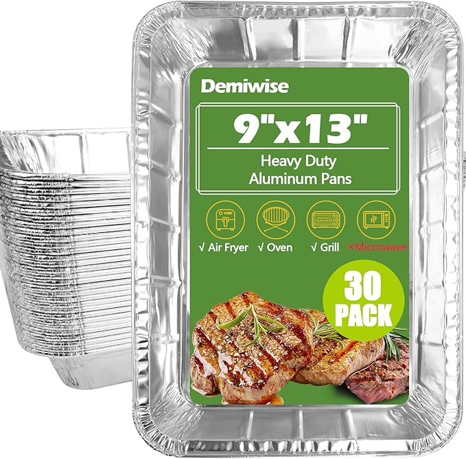 Thickened 30 Pack Heavy Duty Aluminum Foil Pans, 9x13 Disposable Aluminum Tin Foil Pans for Baking Roasting & Chafing, Half Size Steam Table Deep Pans, Extra Cake & Oven Pan