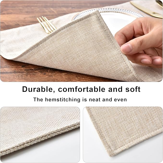 Cloth Placemats Set of 6 - Easy to Clean Fabric Table Placemats - Machine Washable Placemats- Heat Resistant Non-Slip Table Mats (Light Linen, 6)