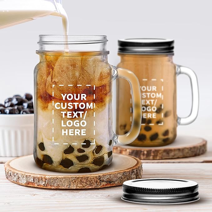 DISCOUNT PROMOS Custom Libbey Handle Mason Jars w/Lids 16 oz. Set of 50, Personalized Bulk Pack - Traditional style, High standard - Clear