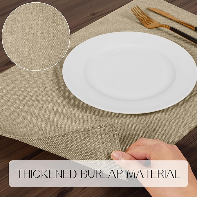 Romanstile Cloth Placemats Set of 6-12 x 18 Inch, Heat Resistant Double Layered Thickened Burlap Place Mats, Washable Faux Linen Farmhouse Table Mats for Kitchen/Dining/Party/Outdoor, Khaki
