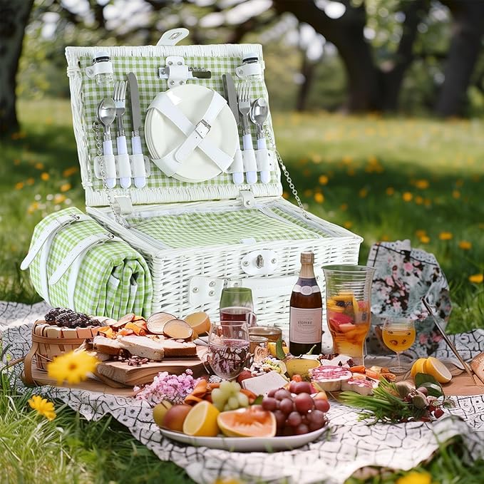 Picnic Basket Set for 4 with Waterproof Blanket Mat Insulation Bag Wicker White Green Plaid Fresh Cottagecore Gift for Wedding Birthday Summer Camp Outdoor Camping Christmas Thanksgiving