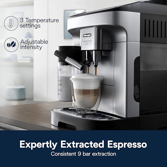 De'Longhi Magnifica Evo Automatic Espresso & Coffee Machine with Auto Milk Frother, Built-in Grinder & Auto-Clean Function - For Latte, Cappuccino, Americano, Iced Coffee, ECAM29084SB , Silver