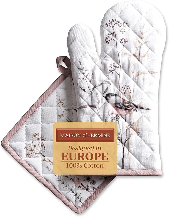 Maison d' Hermine 100% Cotton Oven Mitt & Pot Holder Set (7.5"x13" & 8"x8") Heat Resistant BBQ Cooking Gloves with Loop, Grilling, Kitchen, Handling Hot Pans Spring/Summer (Meadow Florals - Brown)