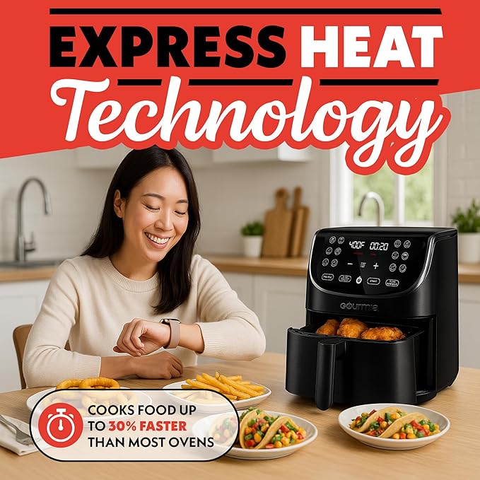 Gourmia Air Fryer Oven Digital Display 7 Quart Large AirFryer Cooker 12 Touch Cooking Presets, XL Air Fryer Basket 1700w Power Multifunction GAF716 Black and Stainless Steel Accents FRY FORCE 360°