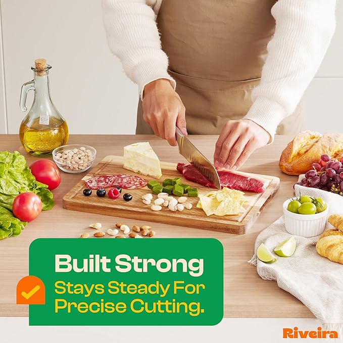 Riveira Acacia Wood Cutting Board – Gourmet Acacia Grandeur: 15 x 10 Wooden Cutting Board – Natural Wooden Cutting Boards For Kitchen Decorative – Innovative Juice Grooves Acacia Wooden Chopping Board
