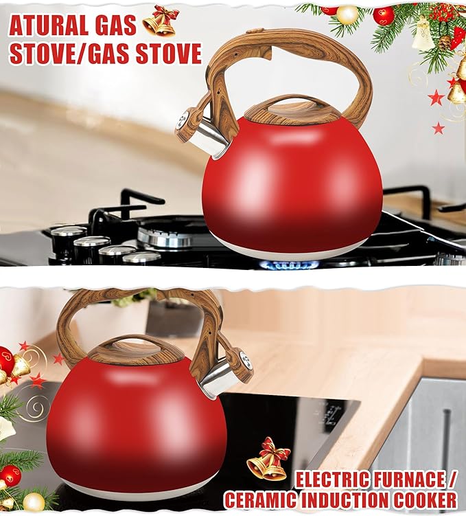 Festive Red Stovetop Whistling Tea Kettle 3.2 Quart - Stainless Steel with Wood Grain Handle, Loud Christmas Whistle for Boiling Water, Holiday Cocoa & Milk, Easy-Pour Spout Classic Design