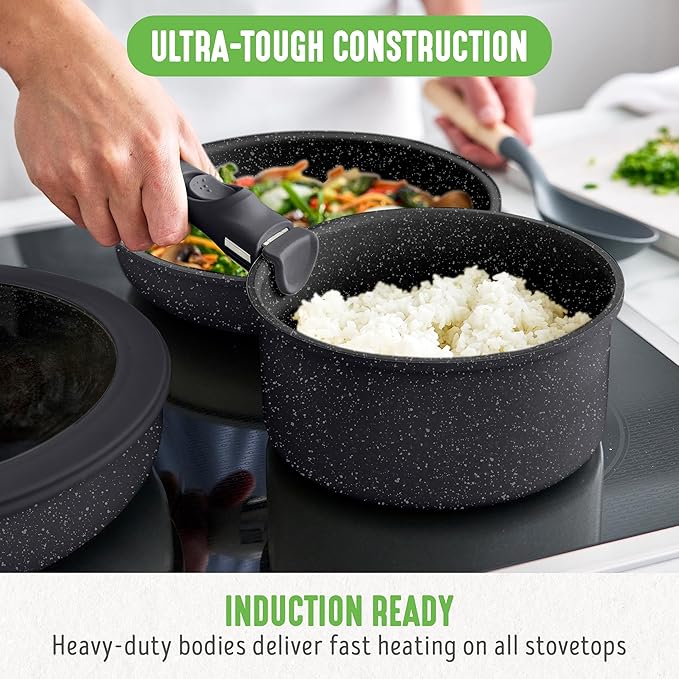 GreenLife 10 Piece Nonstick Pots & Pans Set, Detachable Handle & Stackable Cookware Set, Non Toxic PFAS-Free Skillets, Induction Kitchen Pans, Space Saving, Serving Bowls, Oven Safe, Granite Black