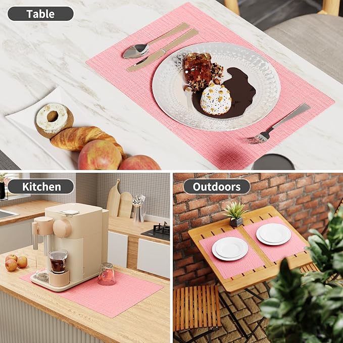 Cloth Placemats, Set of 6 Heat-Resistant Cotton Linen Blend Double Layered Machine Washable Place Mats, Wrinkle Free Thick Fabric Dining Table Mats for Indoors & Outdoors (Baby Pink, 6)