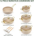 Fully Clad 5-Ply Stainless Steel Cookware Set, 12Pcs Nonstick Pots and Pans Set with Stay-Cool Handles, Induction Compatible, Stackble Design, Includes with Frying Pan, Saucepans and Saute Pan (Beige)