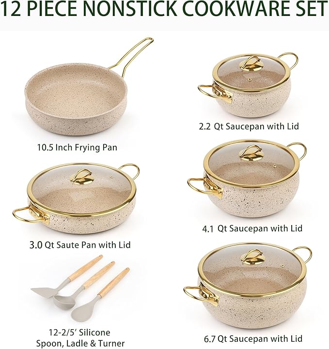 Fully Clad 5-Ply Stainless Steel Cookware Set, 12Pcs Nonstick Pots and Pans Set with Stay-Cool Handles, Induction Compatible, Stackble Design, Includes with Frying Pan, Saucepans and Saute Pan (Beige)