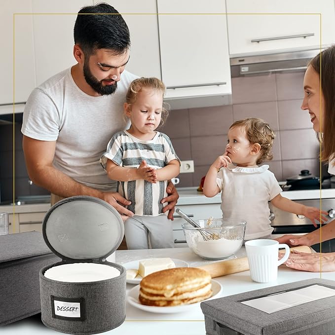 HOMELUX THEORY Platter Storage with Lid, Hard Shell China Storage Containers, Heavy Duty Dinnerware Storage Box with 5 Felt Pads and Thick Surface for Dishes and Dinner Plate, Move Out Essentials