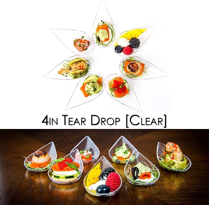 DLux 100 4-in Tear Drop Mini Appetizer Plates, Reusable Clear Plastic Spoons - Desserts and Appetizers Dishes Serving Plate - Asian Spoon Set, Small Catering Dessert Tasting Cups - with Recipe Ebook