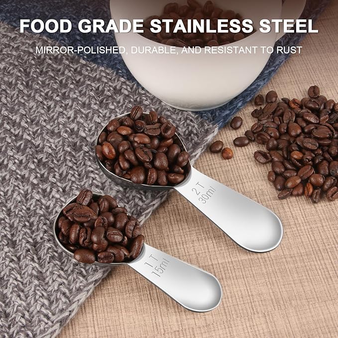 Coffee Scoop Set, Tablespoon Scoop 2 Pc Set (1 Tbsp & 2 Tbsp), Stainless Steel Measuring Spoons for Ground Coffee with Short Handles, for Tea, Sugar, or Flour