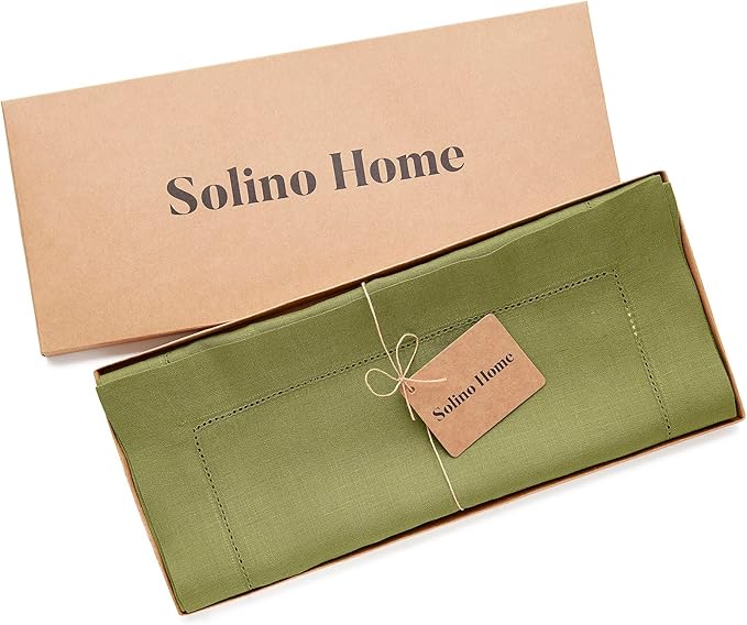 Solino Home Linen Avocado Green Hemstitch Table Runner 48 Inches - 100% Pure Linen Small Table Runner 14 x 48 Inch Ideal for Dresser and Coffee Tables - Classic Hemstitch - Fall, Autumn, Halloween