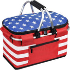 Insulated Picnic Basket,Leak-Proof Collapsible Cooler Bag,26L Grocery Basket with Lid,2 Sturdy Handles,Storage Basket for Picnic,Food Delivery,Take Outs,Market Shopping,Travel (Star)
