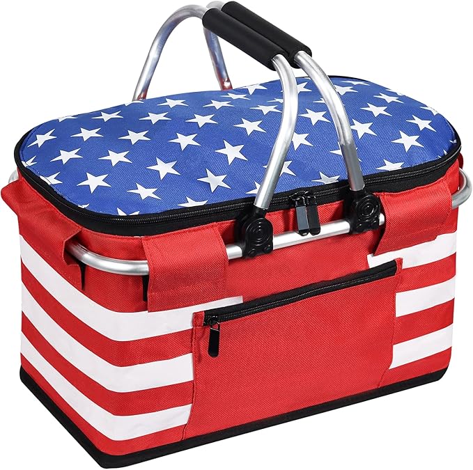 Insulated Picnic Basket,Leak-Proof Collapsible Cooler Bag,26L Grocery Basket with Lid,2 Sturdy Handles,Storage Basket for Picnic,Food Delivery,Take Outs,Market Shopping,Travel (Star)