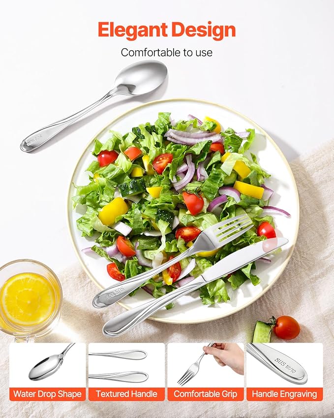 VEVOR 45-Piece Silverware Set, Food-Grade Stainless Steel Flatware Utensils, Mirror Finished Cutlery Set, Dishwasher Safe Eating Tableware for Kitchen Home, Service for 8, Include Knife Fork Spoon