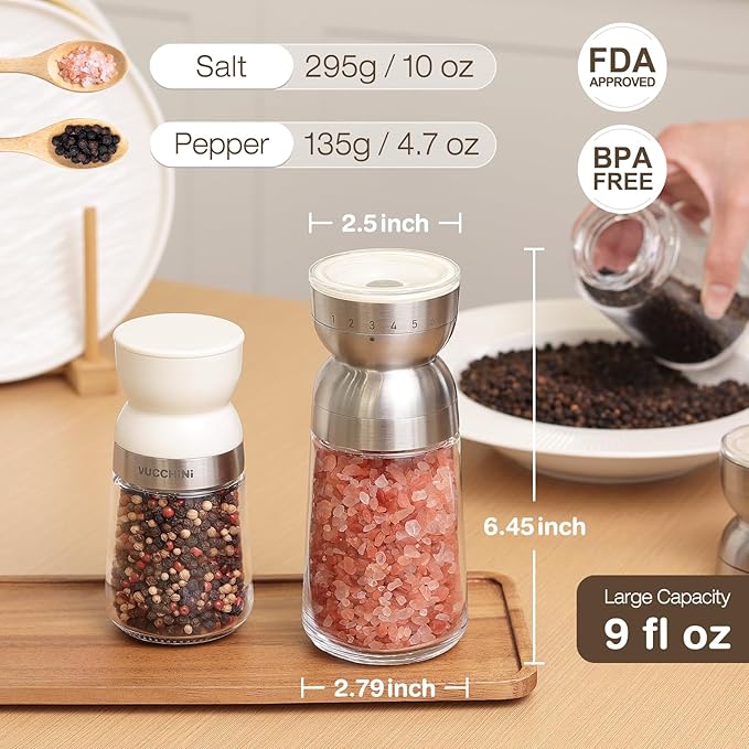 Vucchini Pepper Grinder Salt Grinder Manual - External Adjustable Coarseness with 6 Settings Stainless Steel Spice Grinder Mill Ceramic Burr Large Capacity 9 oz Ideal for Kitchen