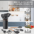 HaWare Kitchen Cooking Utensils Set, 23-Piece Silicone Kitchen Utensils Spatula Set with Holder, Heat Resistant Wooden Handle Kitchen Gadget for Nonstick Cookware, Food-grade Turner Spoon Sets (Grey)