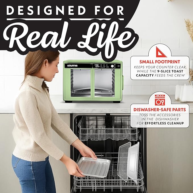 Gourmia French Door Digital Air Fryer Oven - 25-Quart XL Capacity, 12 Presets, Touchscreen, FryForce 360° Tech, Dehydrate, Proof, Slow Cook, Fits 13” Pizza, 1700W, Green