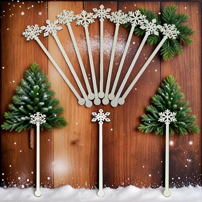 60 Pcs Snowflake Drink Stirrers Bulk, 5.9 Inch Wooden Cocktail Picks with 3 Unique Snowflake Designs, Bamboo Toothpicks for Appetizers, Coffee Bar, Beverages, Winter Christmas Party Supplies