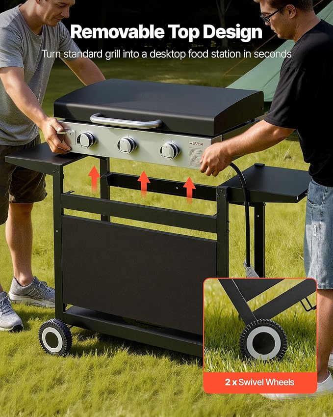 VEVOR Gas Griddle, 3-Burner Flat Top Grill, Propane Griddle with Wheels, Lid, 33000 BTU Outdoor Flat Top Grills for Pan-Frying, Grilling, Stir-Frying, & BBQ, Pulse Ignition, Removable Top Design