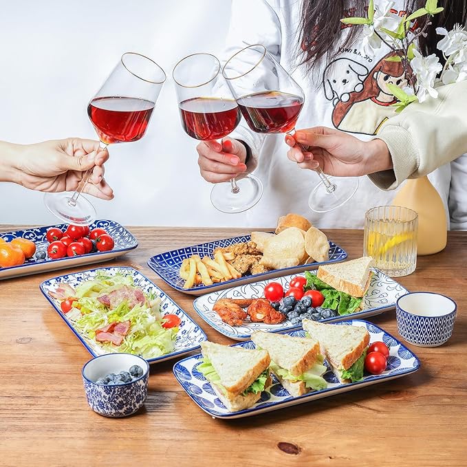 Selamica Ceramic Serving Platters, 14 Inch Serving Trays for Party Entertaining, Large Rectangular Serving Plates for Appetizer, Charcuterie, Dessert, Fruit, Set of 4, Vintage Blue