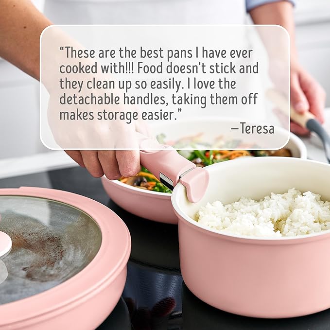 GreenLife 10 Piece Nonstick Pots & Pans Set, Detachable Handle & Stackable Cookware Set, Non Toxic PFAS-Free Skillets, Induction Kitchen Pans, Space Saving, Serving Bowls, Oven Safe, Light Pink