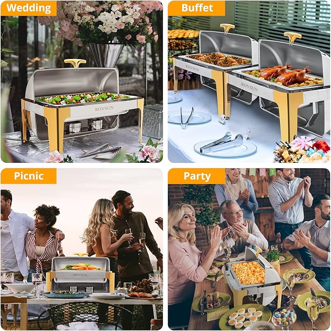ROVSUN 9 Quart Stainless Steel Chafing Dish Buffet Set Gold Accent, Roll Top Rectangular Buffet Servers and Warmers Set Warming Tray, Chafer with Glass Window for Wedding, Parties, Catering