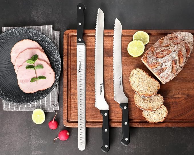 10 Inch Serrated Offset Bread Knife, Premium Stainless Steel Blade with Wave Edge, Full Tang Handle, Razor Sharp for Bread, Durable Professional Kitchen Knife, Black