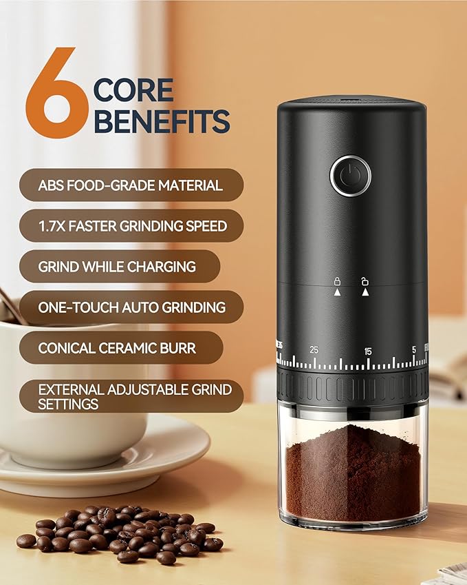 First Grind-While-Charging Rechargeable Coffee Grinder, 1.7X Faster Grinding with 38 External Adjustable Settings, Conical Ceramic Burrs & 2000mAh Battery, Portable for Travel, Camping, etc.