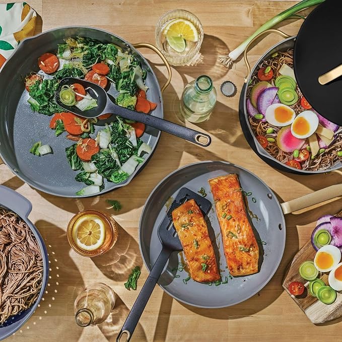 Beautiful 12pc Ceramic Non-Stick Cookware Set by Drew Barrymore, Pots & Pans with Lids, Dishwasher‑Safe,Soft‑Touch Handles, Even‑Heat Base.