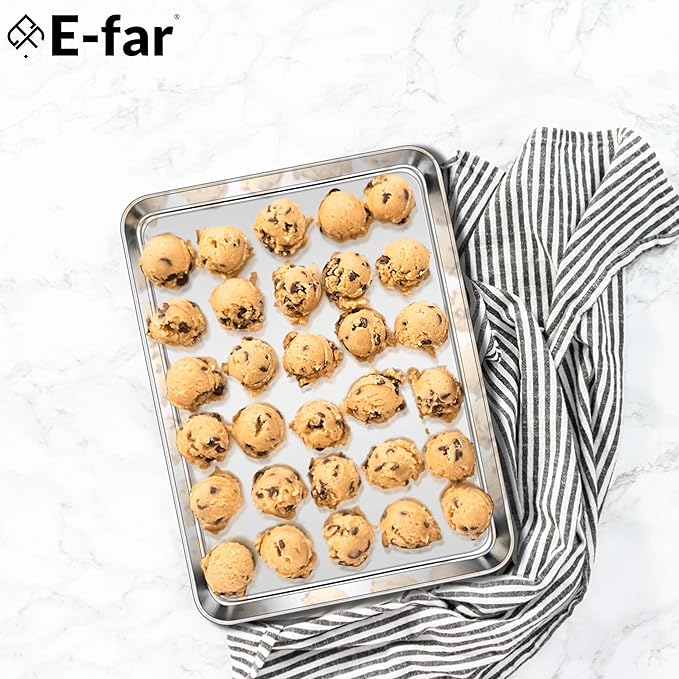E-far Cookie Sheets Set of 3, 18”x13” Stainless Steel Baking Sheet Pans for Oven, Large Non Toxic Metal Baking Tray for Baking Roasting, Healthy & Rust Free, Mirror Finish & Dishwasher Safe