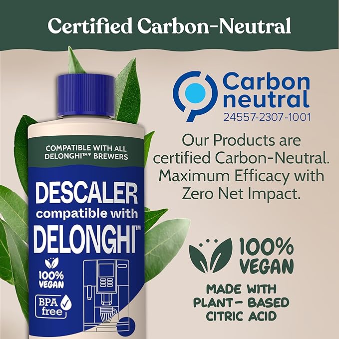 DeLonghi Compatible Descaling Solution. Clean & Descale your DeLonghi Coffee Maker. Single Bottle. Eco-Friendly Concentrated Formula. Carbon Neutral Cleaner Descaler Solution