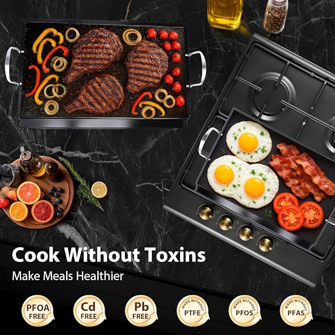 Utheer 25" x 16" Ceramic Nonstick Stainless Steel Griddle for Gas Grill, Charcoal, Large Stove Top Griddle, Non-Toxic, PFAS/PFOA/PTFE Free, Oven Up to 500°F, for BBQ, Camping & Kitchen, Black