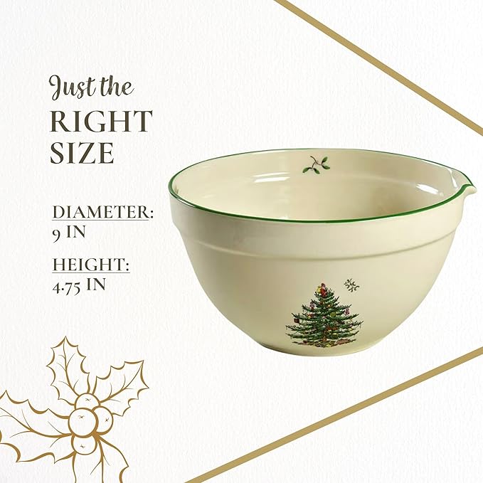 Spode Christmas Tree Mixing Bowl with Spout, 2-Quart Batter Bowl with Pour Spout, Measures 9-Inches, Holiday Serving Dishes, Dishwasher and Microwave Safe