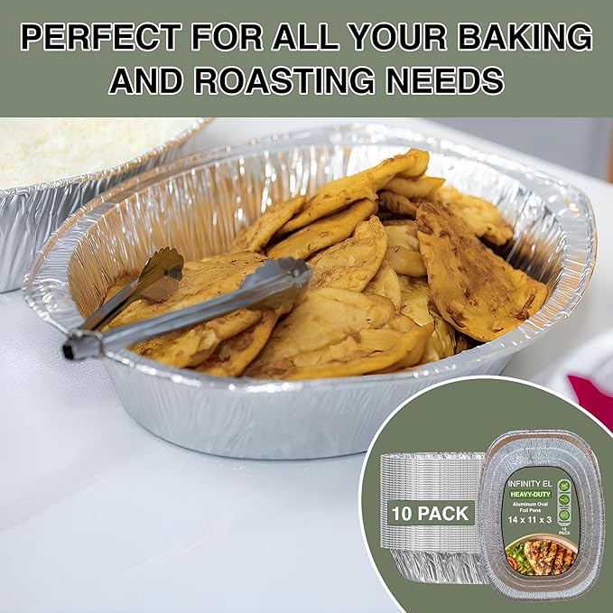 INFINITY EL Large Disposable Oval Aluminum Pans 10 Pack | Deep Disposable Baking Pan | Heavy Duty Oval Aluminum Roasting pan for Chafing, Turkey, Lasagna, Thanksgiving, Christmas, Parties & Meal Prep