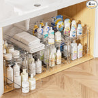 Vtopmart 4 Pack Bathroom Organizer, 2 Tier Clear Under Sink Organizers Vanity Countertop Storage Container,Cabinet Drawers Bins, Pull-Out Organization with Track for Pantry, Kitchen